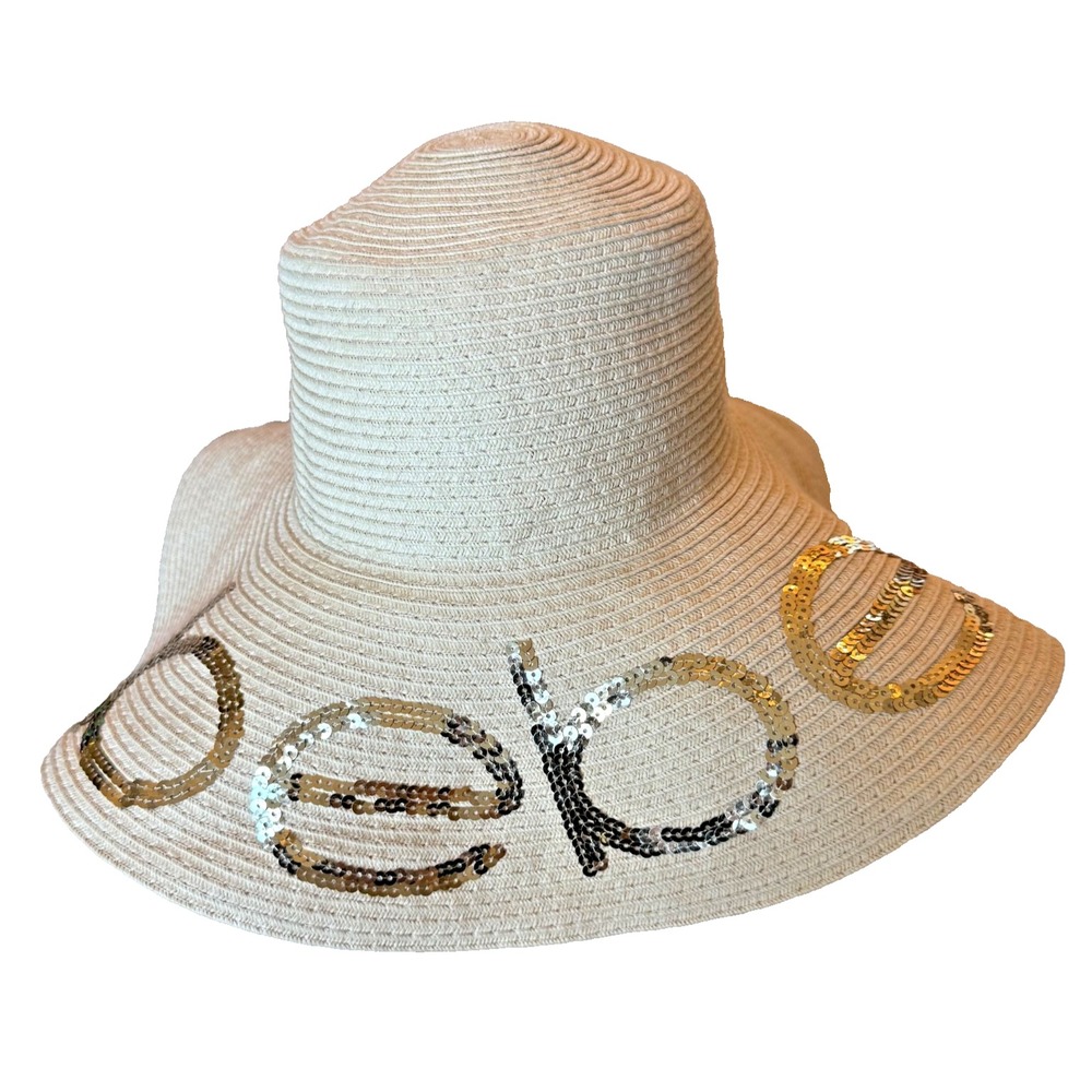 Bebe Women's Woven Wide Brim Sun Hat Gold Sequin Logo;‎ Tan; One Size